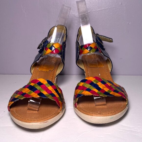 Womens Multicolor Woven Leather Ankle Strap Wedge Sandals Sz 4 Boho Indie Mexico - Picture 3 of 9